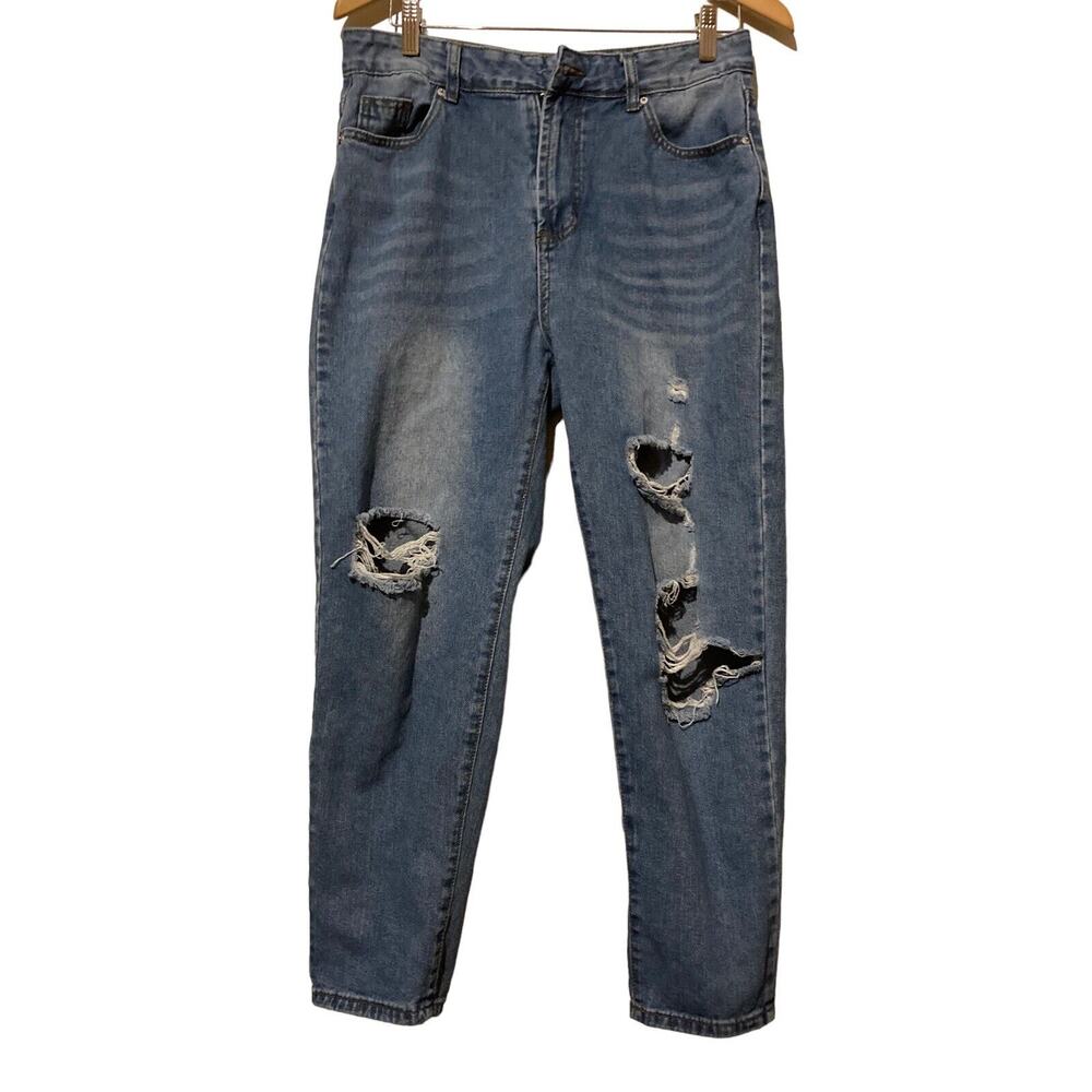 SHEIN High‎ Waist Straight Jeans Light Blue Women's Size L Distressed